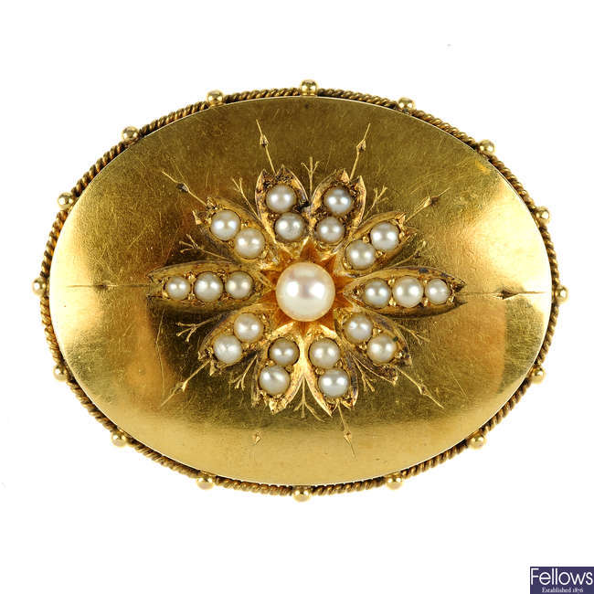 A late 19th century gold seed pearl brooch.