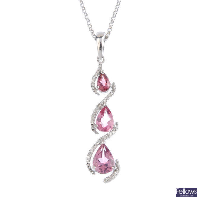 A 9ct gold pink sapphire and diamond pendant, with chain.