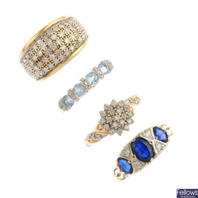 Four diamond and gem-set dress rings.