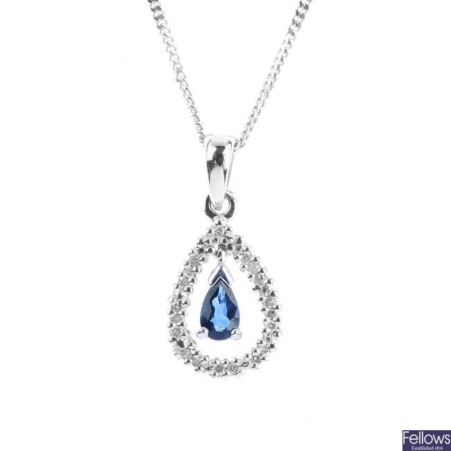 A 9ct gold sapphire and diamond pendant, with 9ct gold chain.