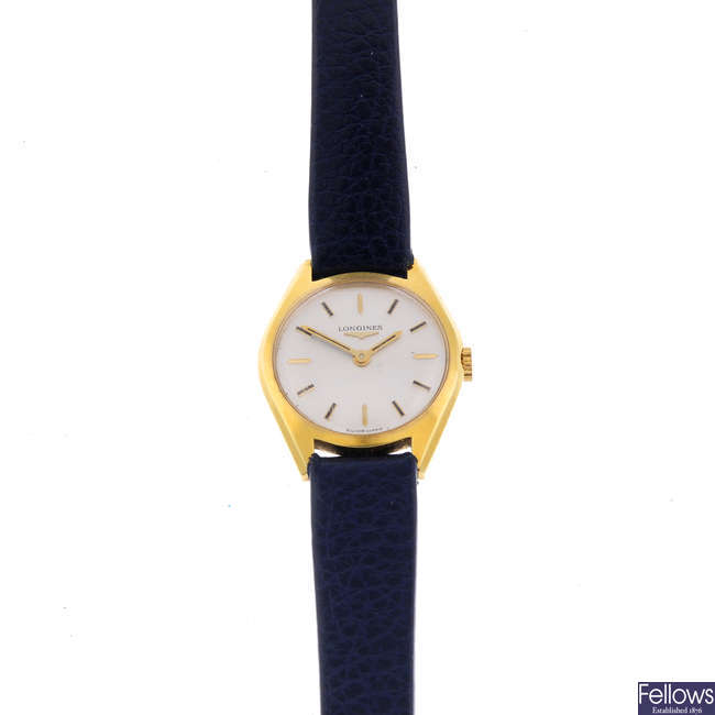 LONGINES - a lady's gold plated wrist watch.