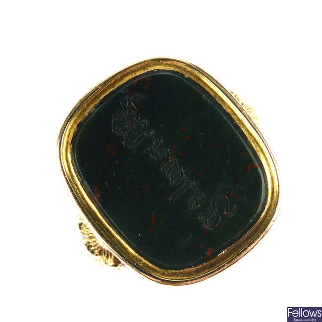 A late 19th century gold bloodstone signet ring.