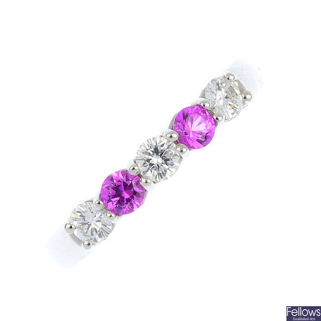 An 18ct gold pink sapphire and diamond five-stone ring.