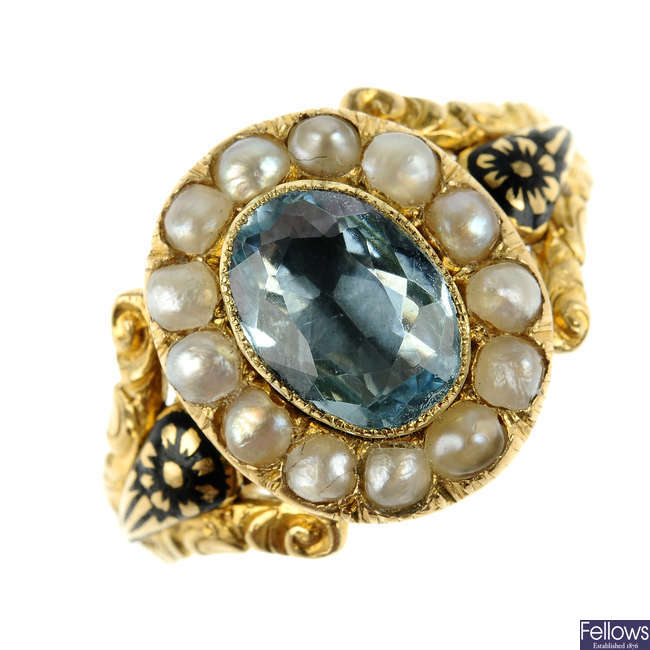 An early Victorian 18ct gold aquamarine, split pearl and enamel memorial ring.
