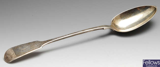 An early Victorian silver basting spoon, etc.