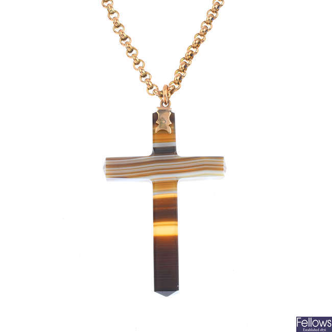 An agate cross pendant, with 9ct gold chain.