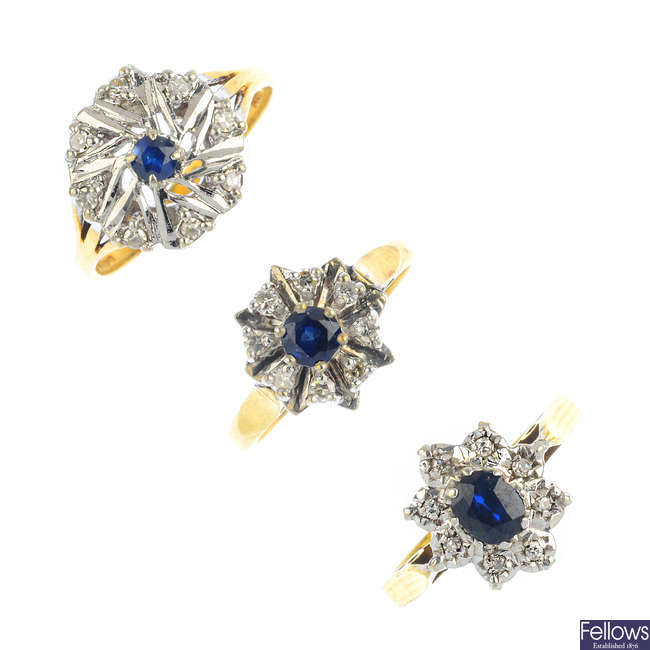 Three sapphire and diamond cluster rings.