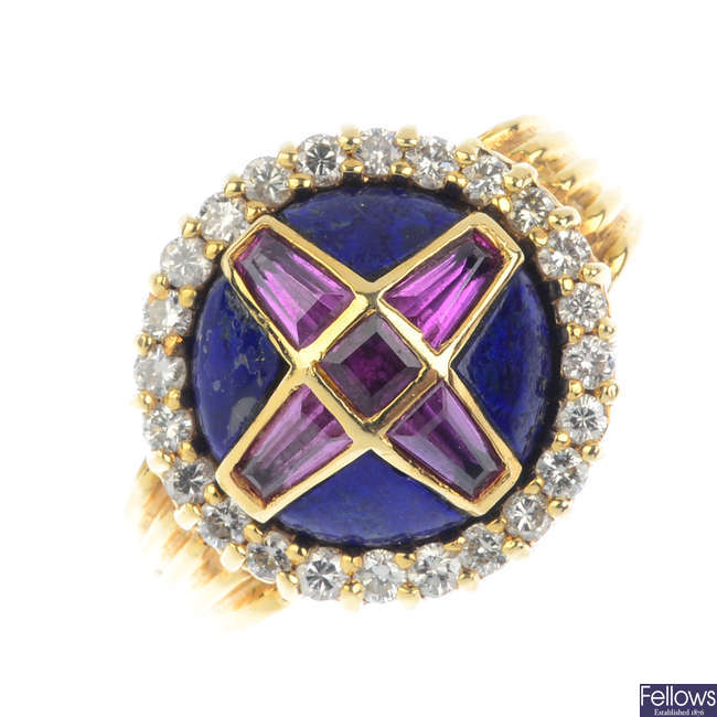 A 14ct gold diamond, lapis lazuli and ruby dress ring.