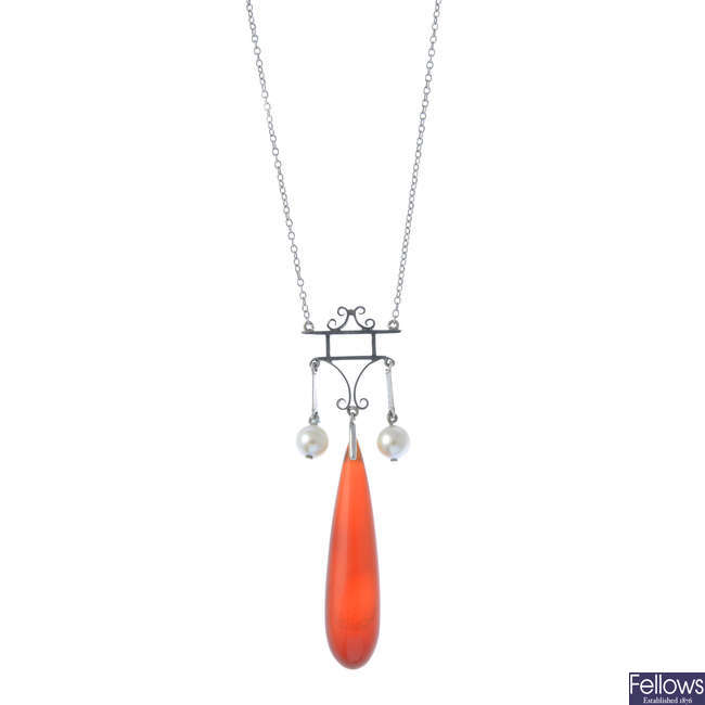 A cultured pearl and carnelian pendant.