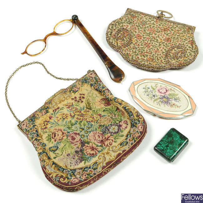 Six vintage handbags and a selection of vintage accessories.