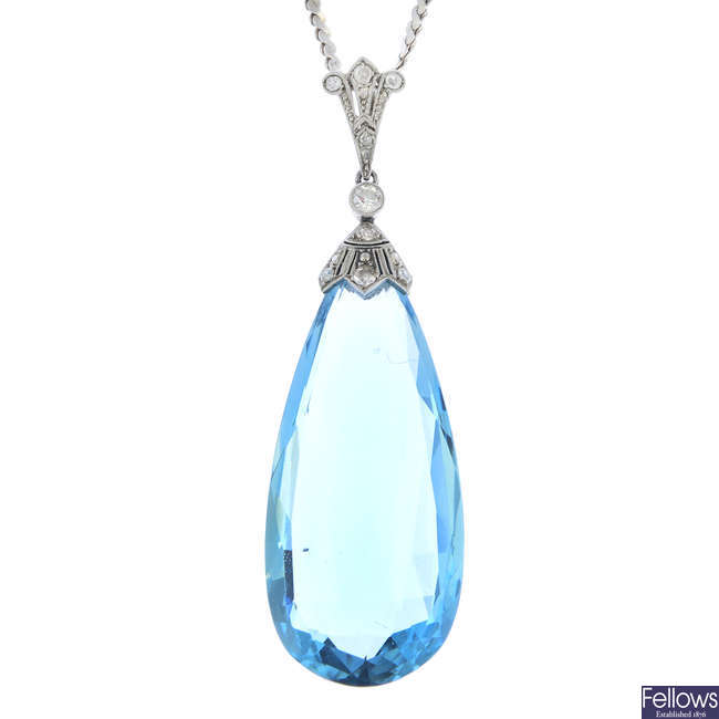 An early 20th century aquamarine and diamond pendant, with later chain.