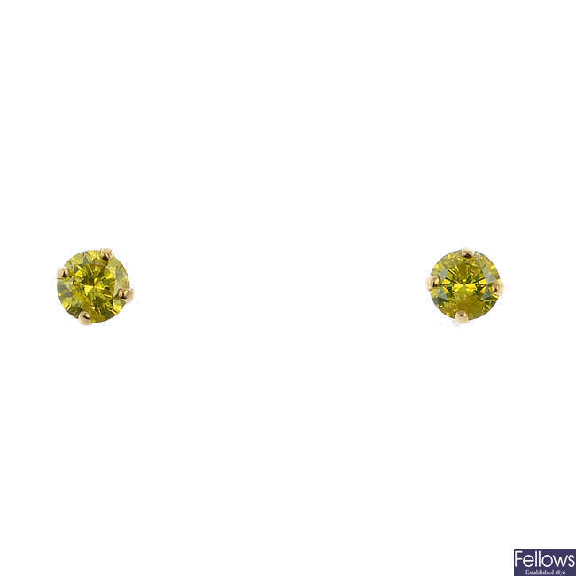 A pair of 'coloured' diamond earrings.