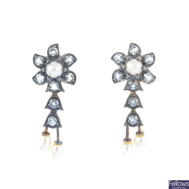 A pair of cultured pearl and colourless gem earrings.