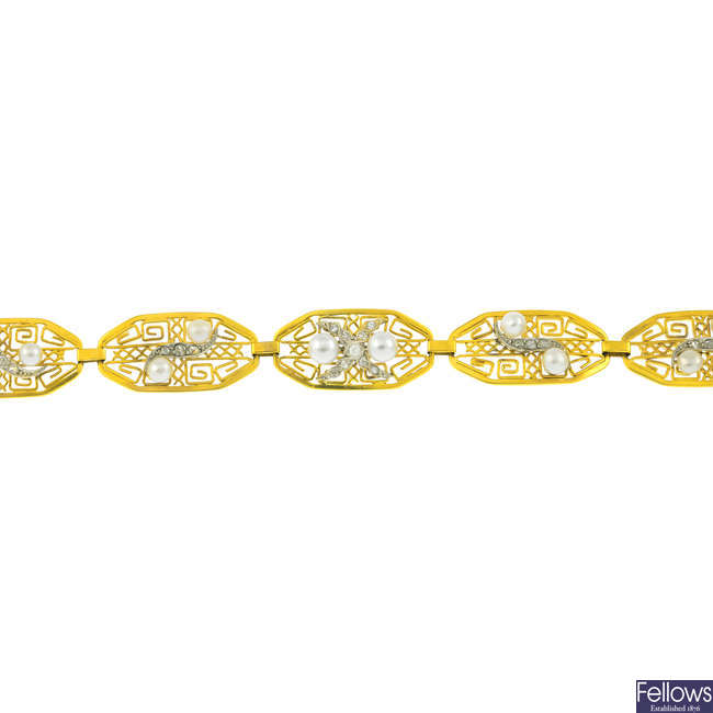 An early 20th century gold cultured pearl and diamond bracelet.