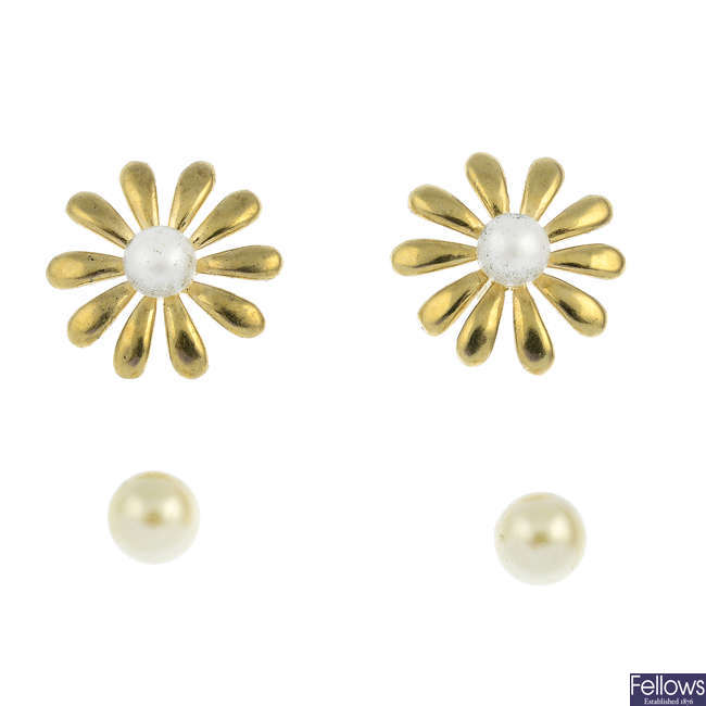 Two pairs of imitation pearl earrings.