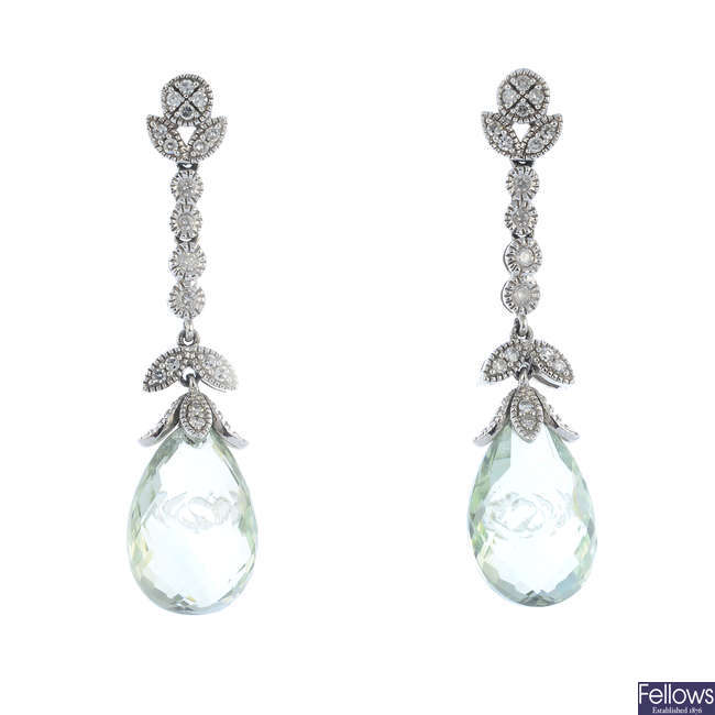 A pair of 9ct gold prasiolite and diamond earrings.