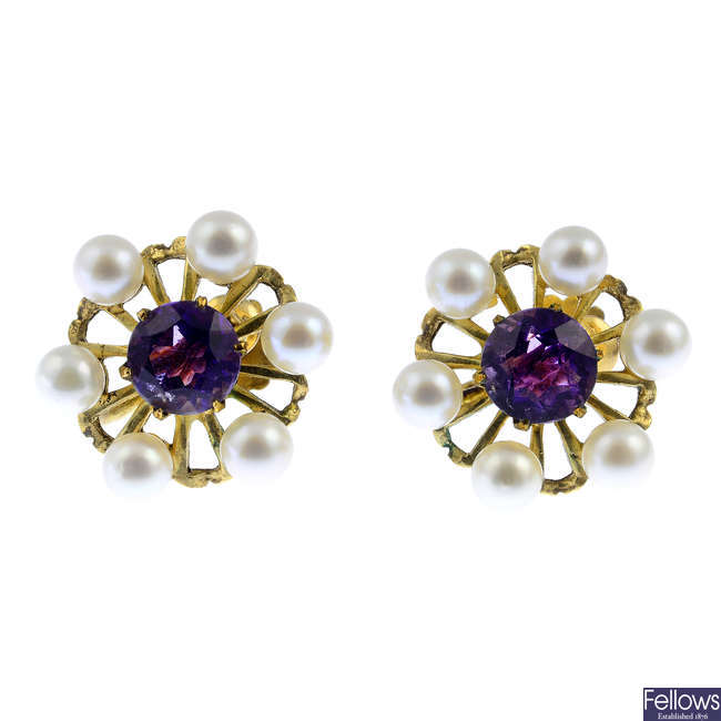 A pair of 9ct gold amethyst and cultured pearl earrings.