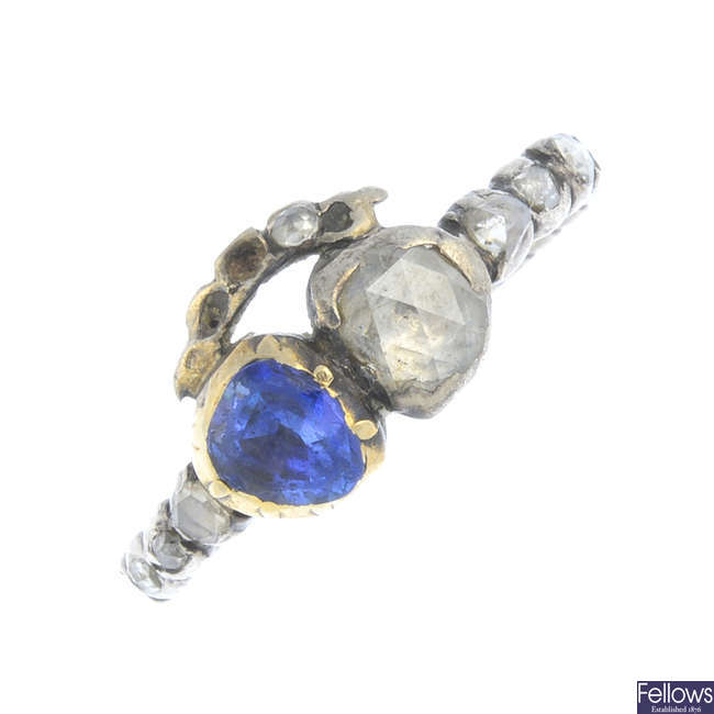 A Georgian gold and silver, sapphire and diamond crowned hearts ring.