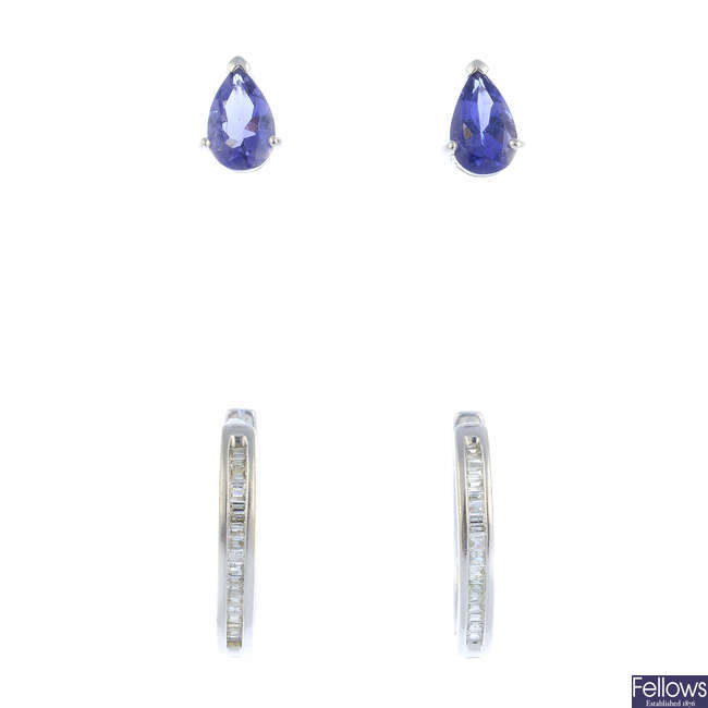 Two pairs of 9ct gold gem-set earrings.