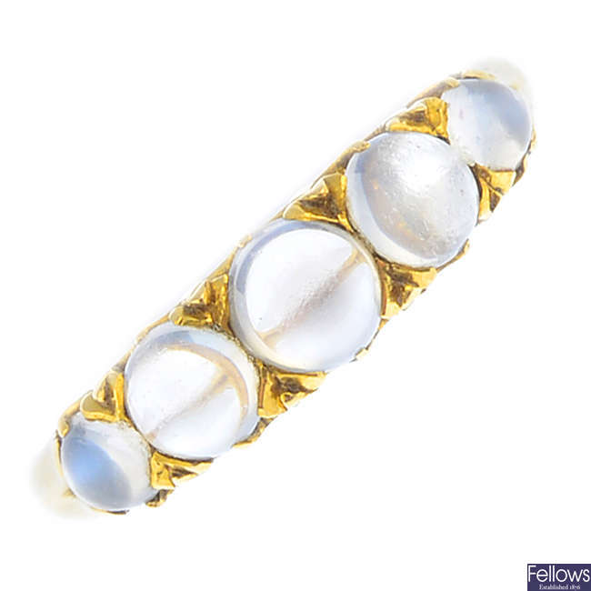 A late Victorian 18ct gold moonstone five-stone ring.