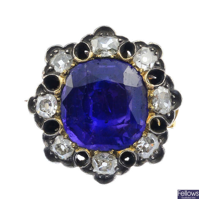 A mid Victorian silver and gold sapphire and diamond brooch.