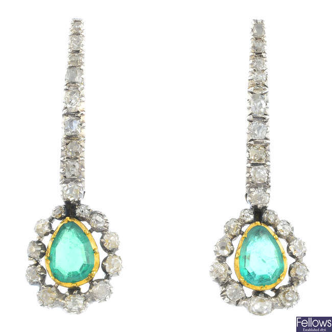 A pair of late Georgian silver and 18ct gold Colombian emerald and diamond earrings.