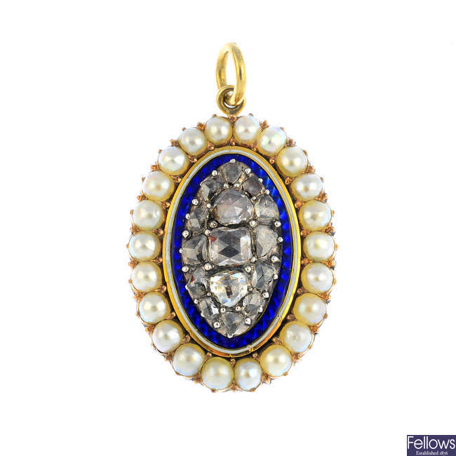 A late Georgian gold diamond, split pearl and enamel pendant.