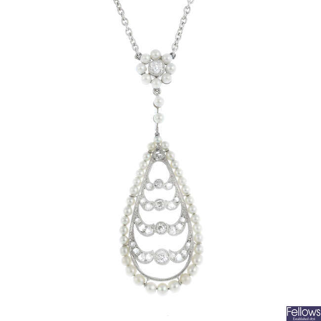 A seed pearl and diamond necklace.
