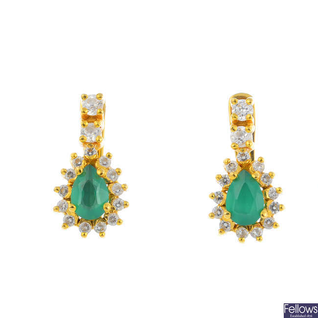 A pair of chrysoprase and cubic zirconia earrings.
