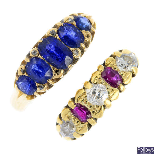 Two sapphire, ruby and diamond five-stone rings.