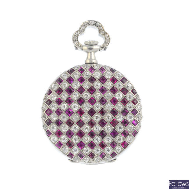 TIFFANY & CO. - an early 20th century platinum and gold diamond and ruby after-set fob watch.