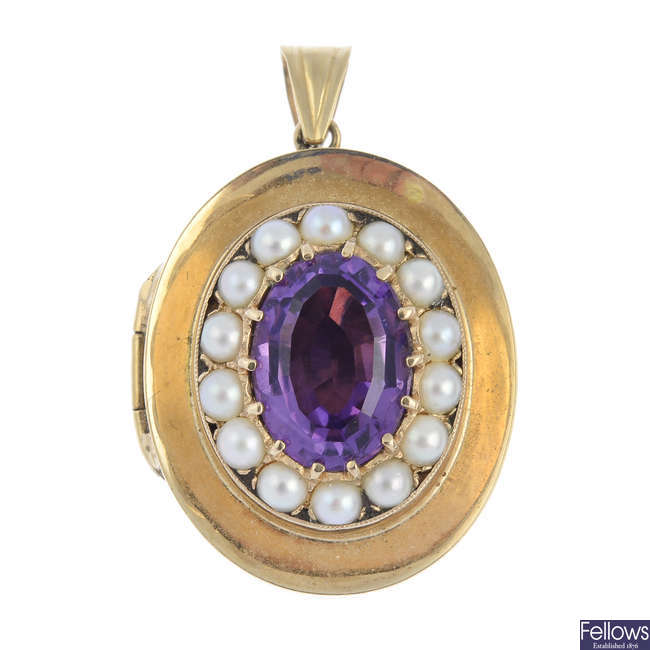 A 1960s 9ct gold amethyst and split pearl locket pendant.