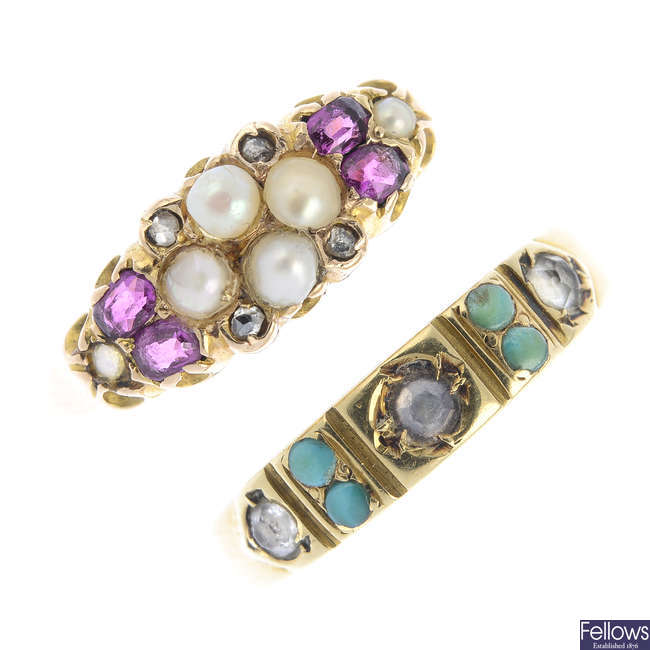 Two early 20th century gold gem-set rings.