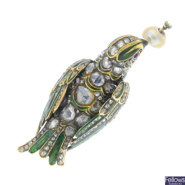 A diamond, pearl and enamel parrot brooch.