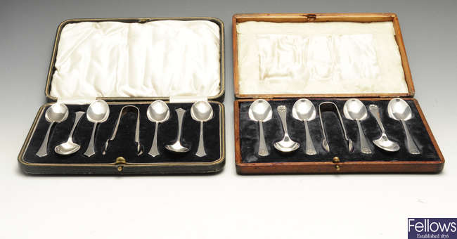 A selection of items to include a matched 1920's set of six silver teaspoons and a pair of sugar tongs, etc.