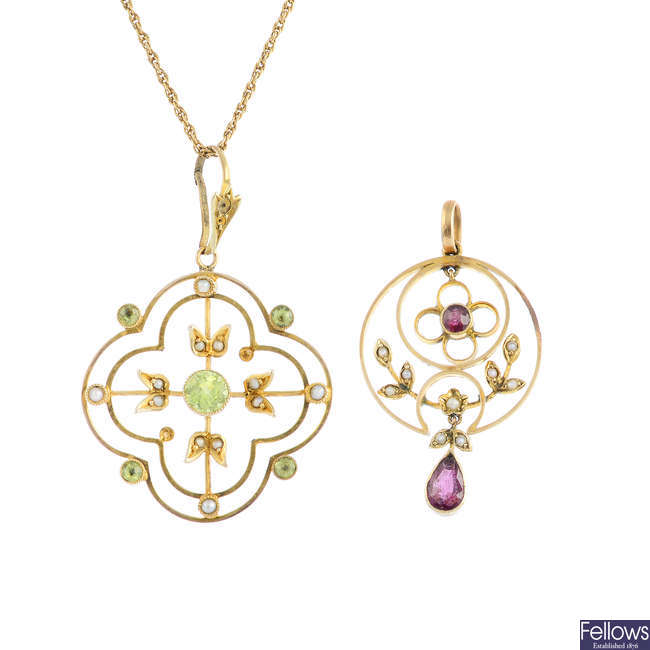 Two early 20th century gold gem-set pendants.