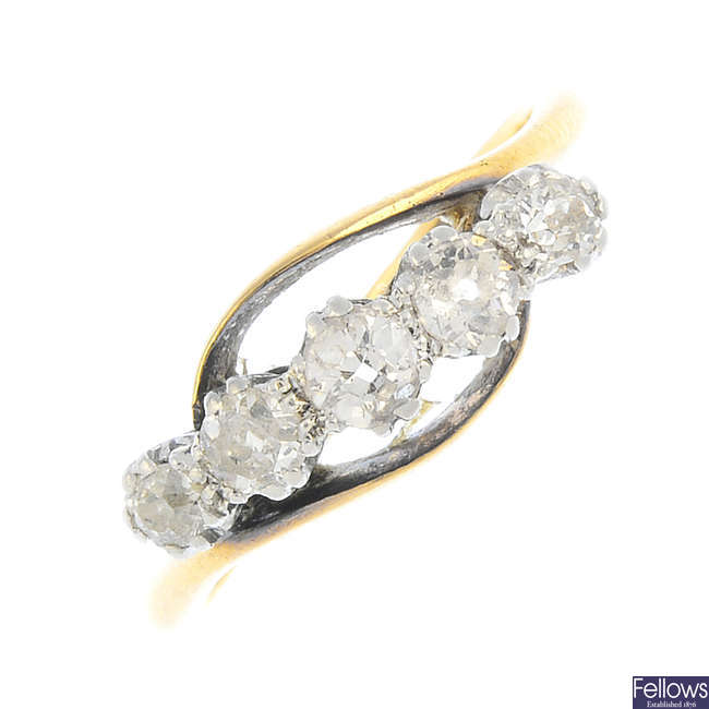A mid 20th century 18ct gold and platinum diamond five-stone ring.