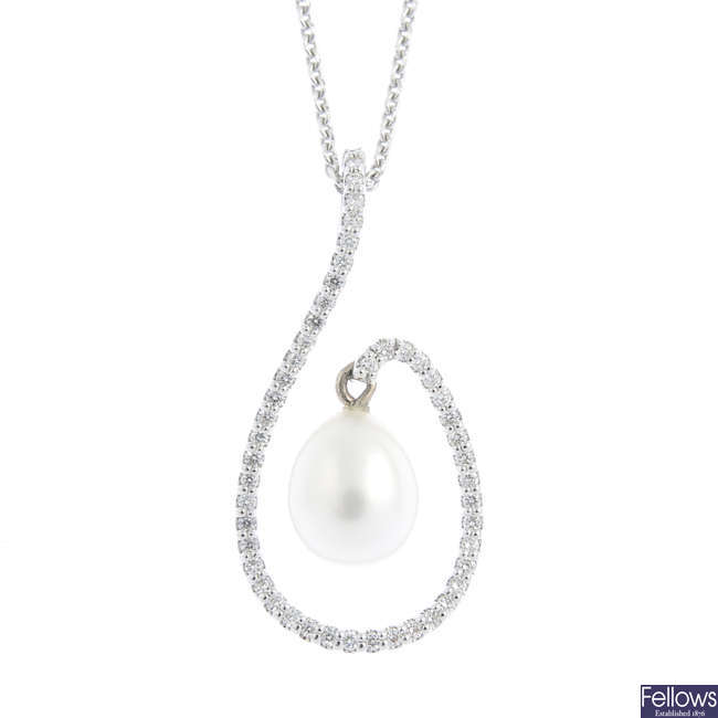 An 18ct gold cultured pearl and diamond pendant, with an 18ct gold chain.