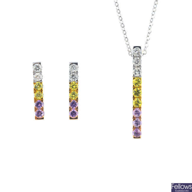 A pair of 18ct gold diamond and sapphire earrings and pendant, with chain.