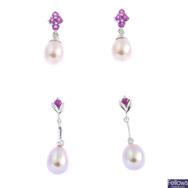 Two pairs of 18ct gold cultured pearl, diamond and sapphire earrings.