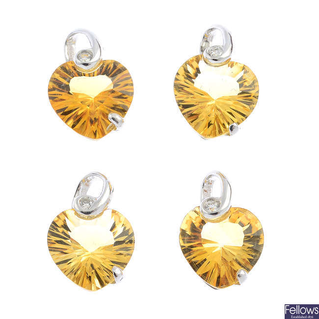 Five 18ct gold diamond and gem-set pendants.