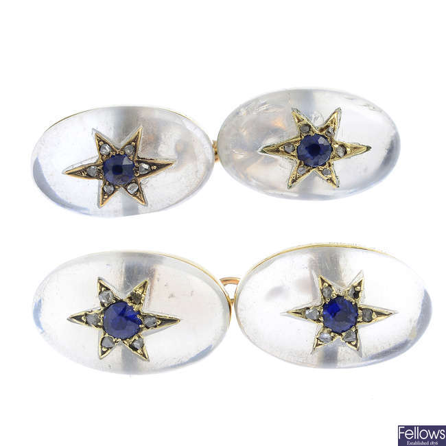 A pair of Edwardian gold moonstone, sapphire and diamond cufflinks.