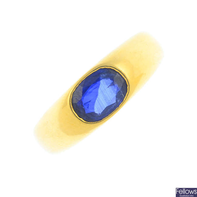 A sapphire single-stone ring.