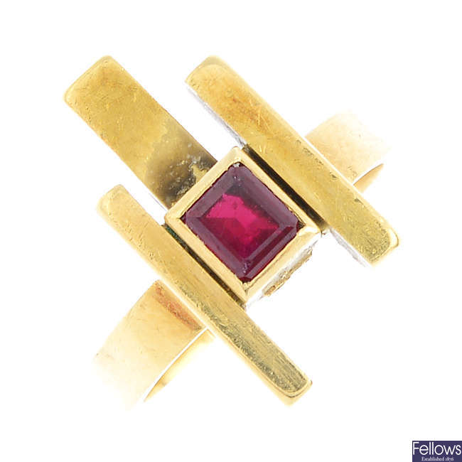 GRIMA - a 1960s 18ct gold ruby dress ring.