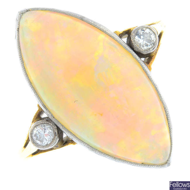 A mid 20th century 18ct gold opal and diamond ring.