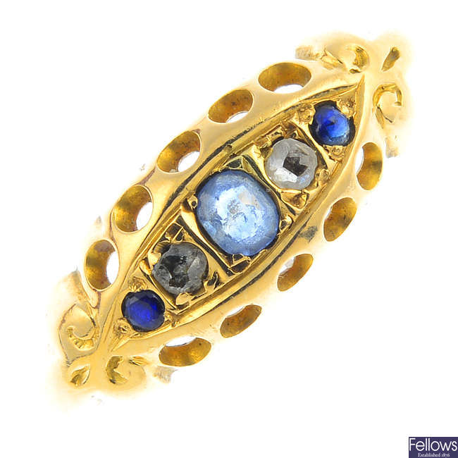 An early 20th century 18ct gold diamond and sapphire ring.