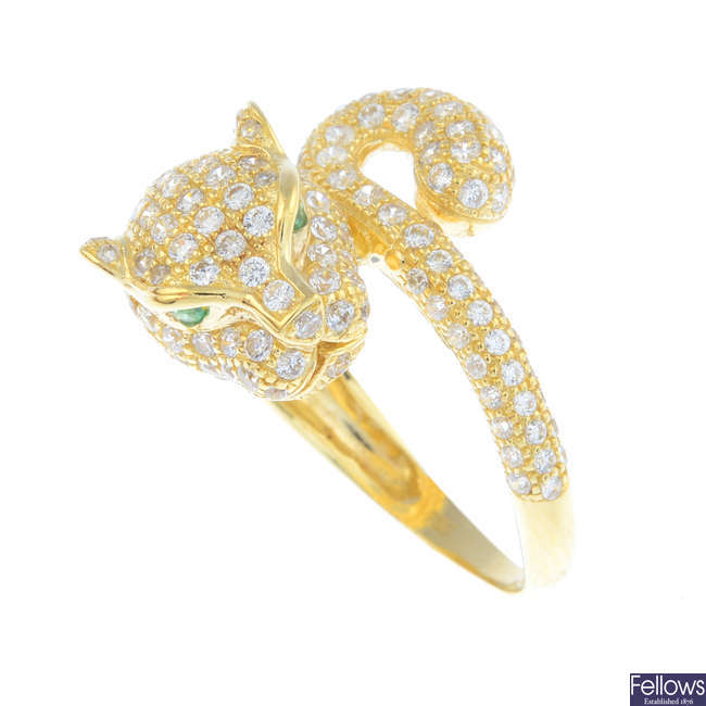 A cubic zirconia leopard ring.