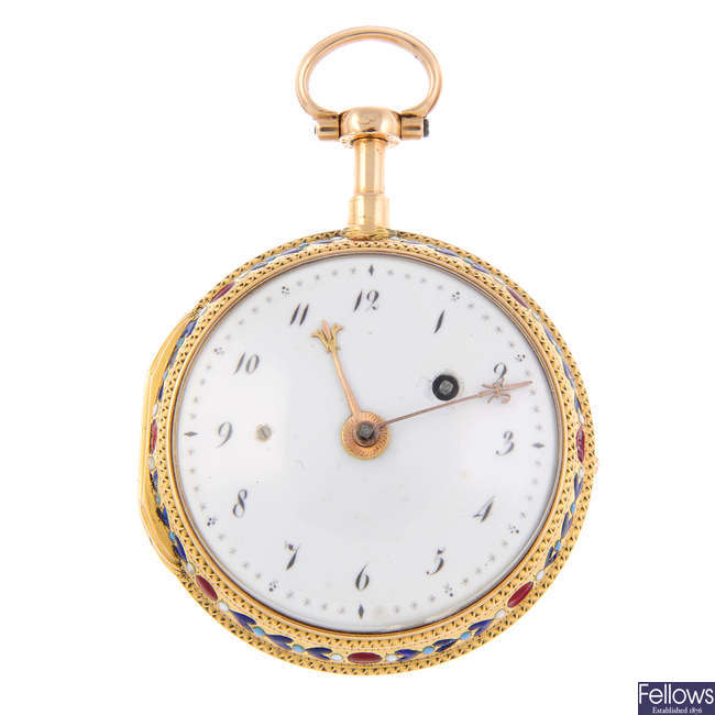 A yellow metal open face quarter repeater pocket watch by Lamy.