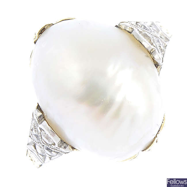 An early 20th century gold natural freshwater pearl and diamond dress ring.