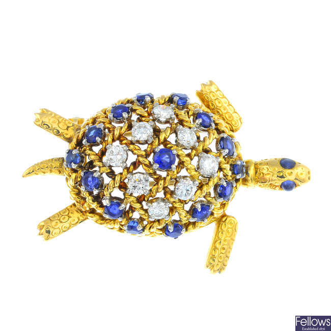 CARTIER - a mid 20th century 18ct gold platinum sapphire and diamond turtle brooch.